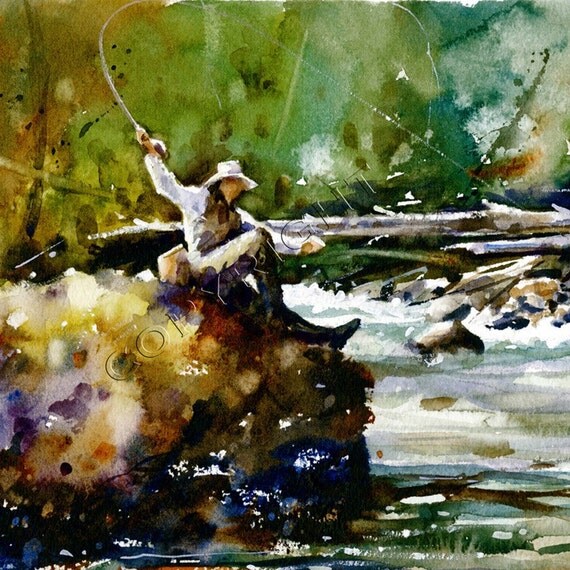 Items similar to CLASSIC TROUT FLYFISHING Watercolor Print from ...