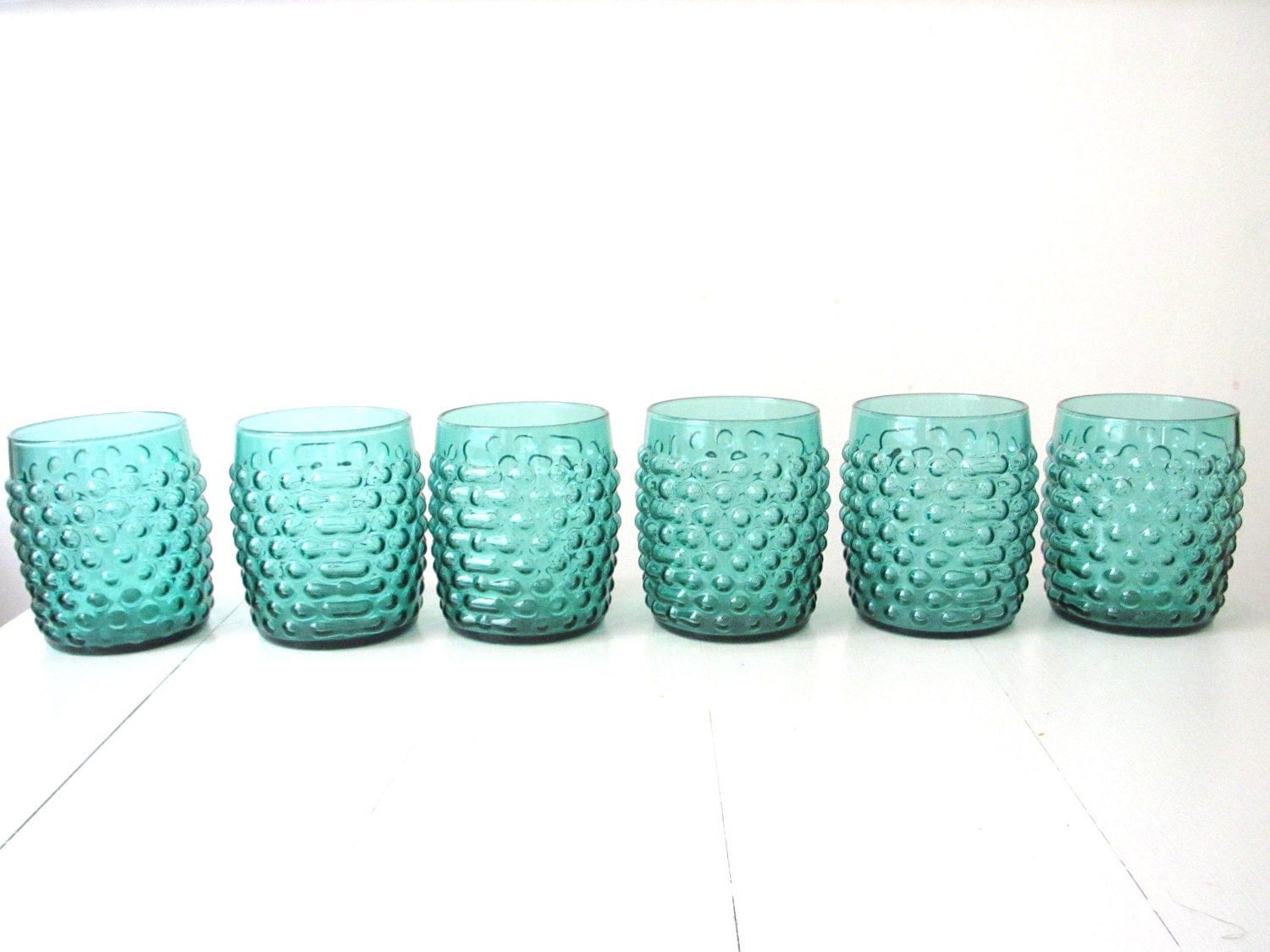 Six Teal/ Aqua Hobnail Drinking Glasses
