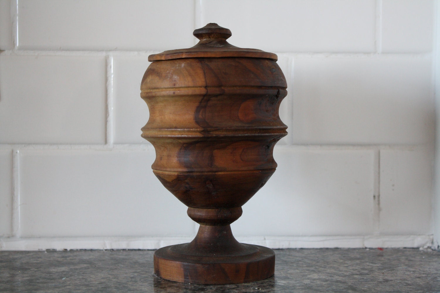 Vintage Walnut Pedestal Vase With Lid by TheTurquoiseIris on Etsy