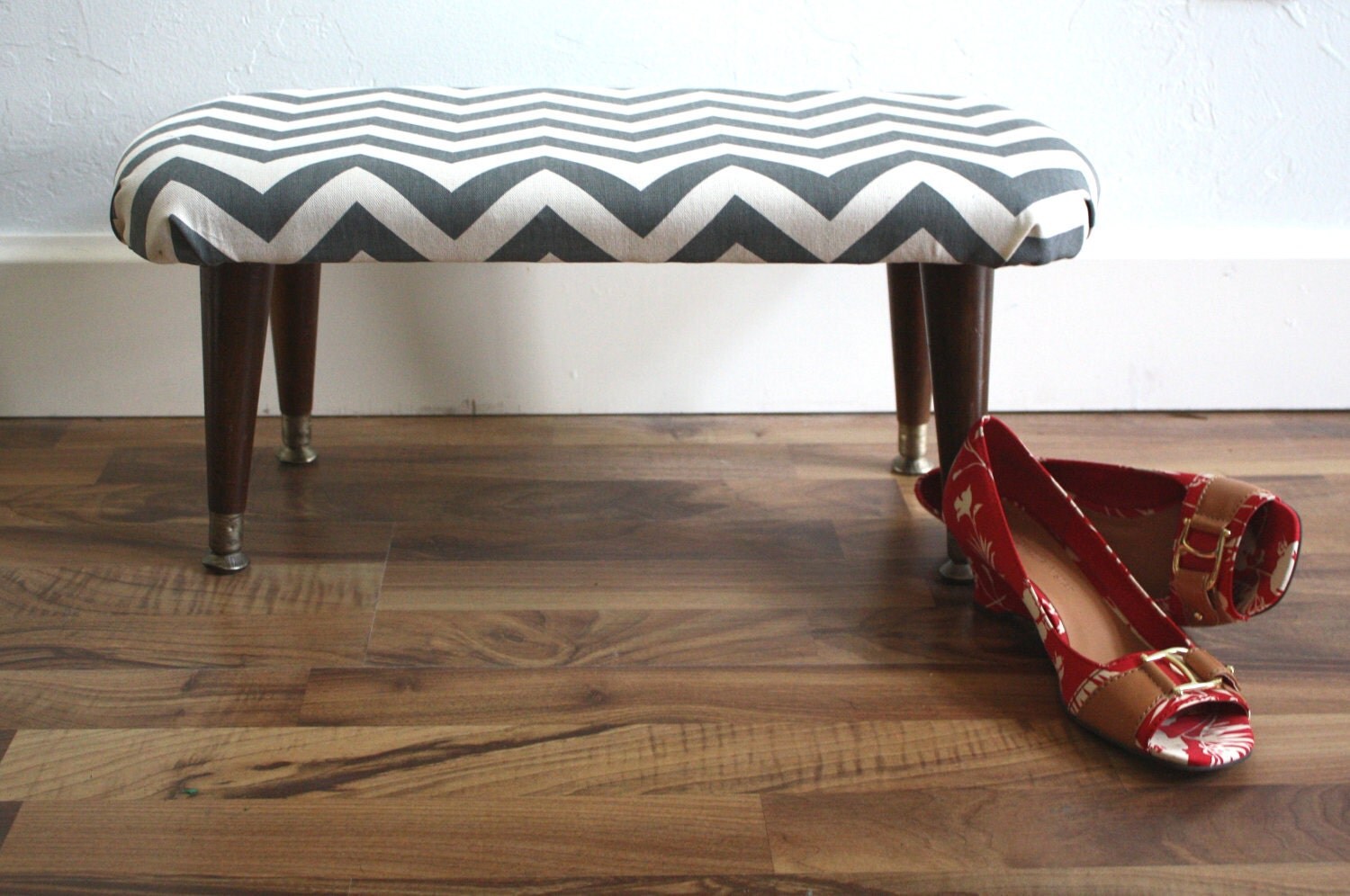 Mid Century Modern Foot Stool recovered in Gray and White