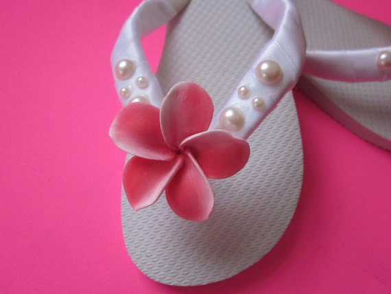 ... Handmade Hawaiian Flowers.White Wedding Flip Flops.Beach Wedding Shoes