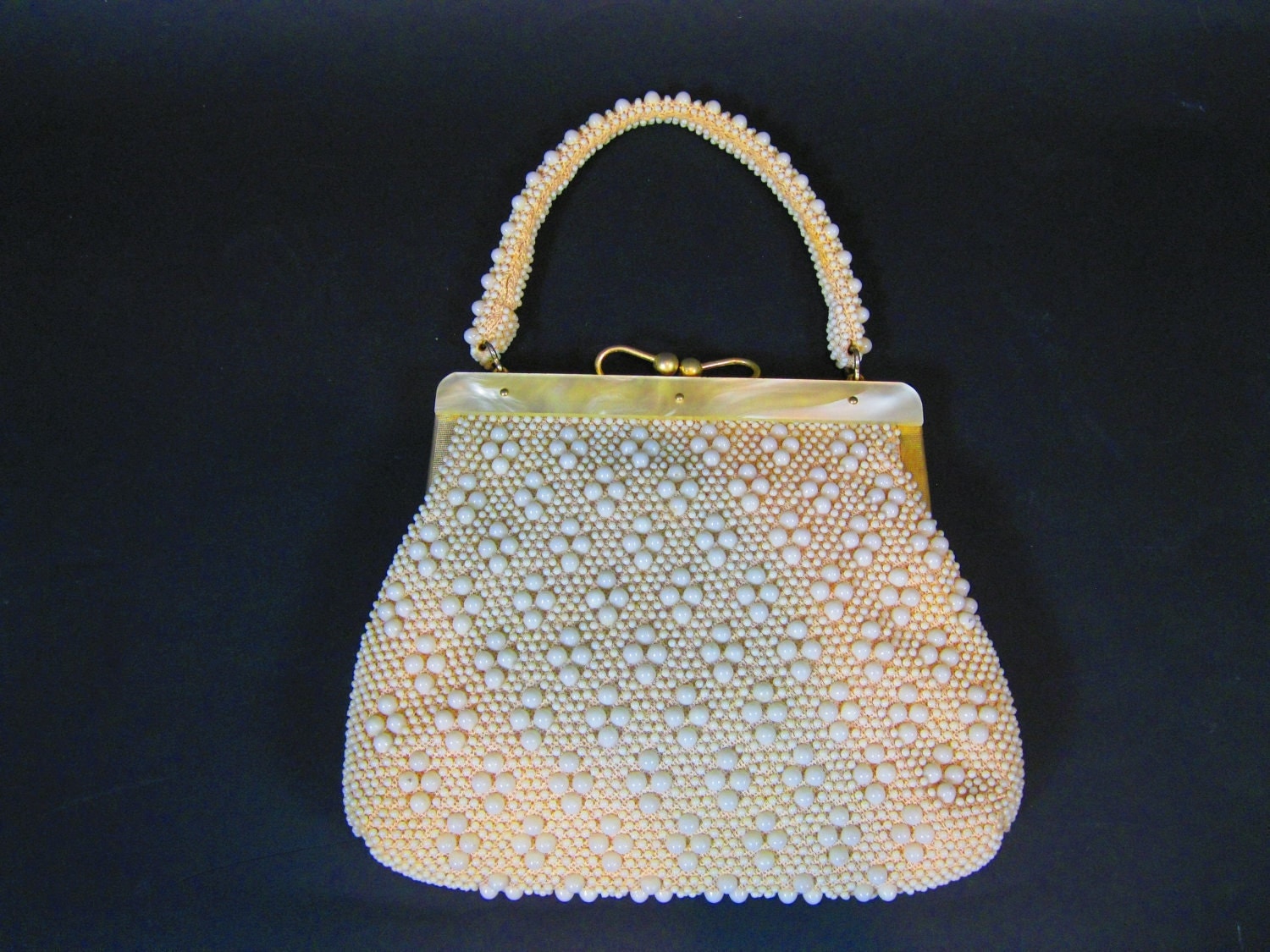 Vintage Corde Handbag White Beaded Purse Mother Of Pearl 5685