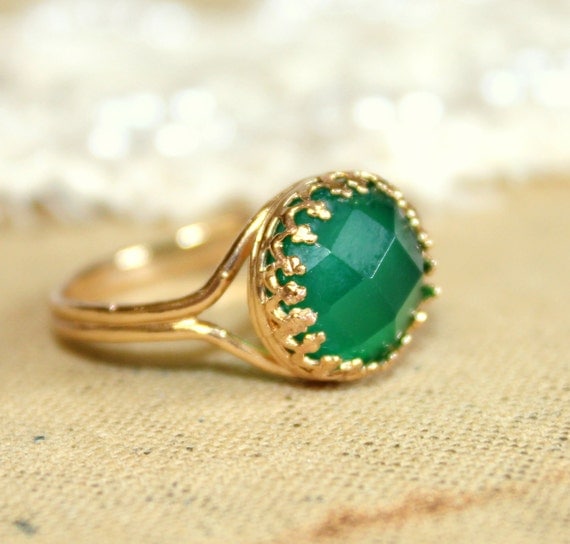 Elizabeth ring 14k gf gold Real Green jade gem stone by iloniti