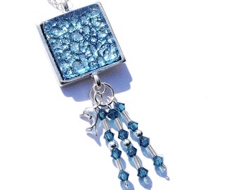 Dichroic Pendant, Swarovski, Boho, Fused Glass Jewelry, Square, Dolphin, Sterling Silver Beads, Icy Blue Silver, Ocean Sea (Item 10445-P)