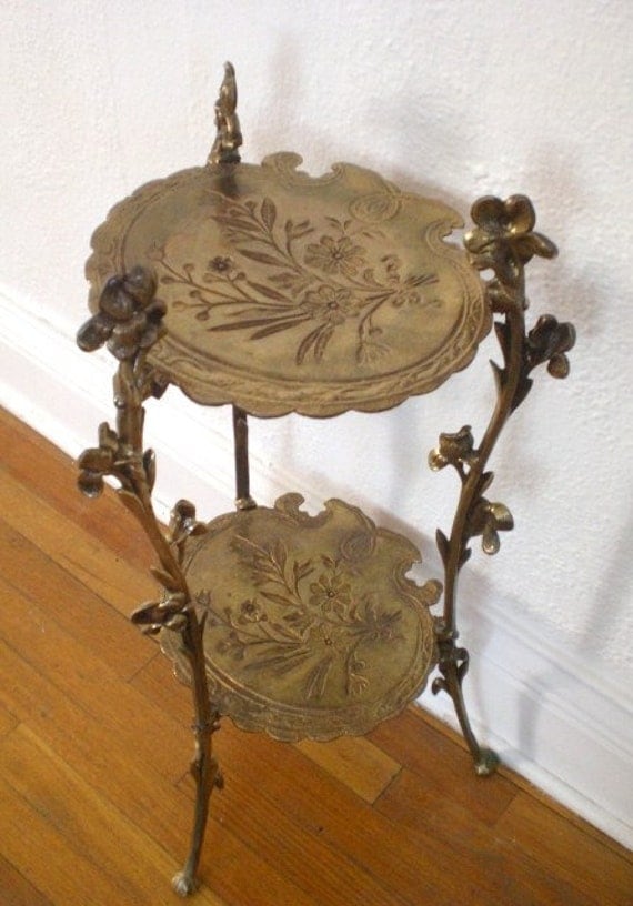 Antique Brass Plant Stand Vintage Two Tiered Victorian