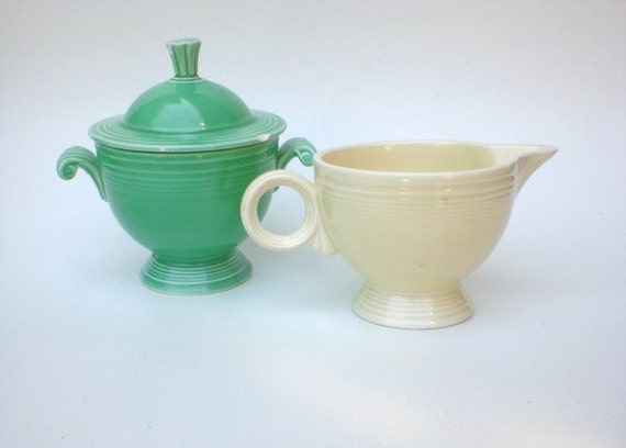 Vintage Fiestaware Creamer Covered Sugar Bowl Set Green Ivory