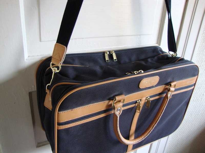 Vintage London Fog Suitcase Carry On Luggage Black Canvas Tan