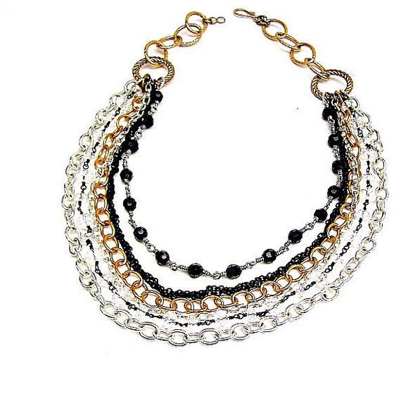 Silver Gold and Black Multi Strand Necklace Silver Yellow and