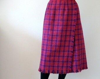 1970s Wool Skirt plaid a-line kilt style wrap skirt - preppy vintage fall fashion