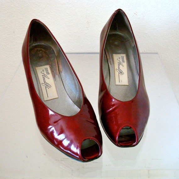 1980s High Heels / Peep Toe Patent Leather Dress Shoes / ruby