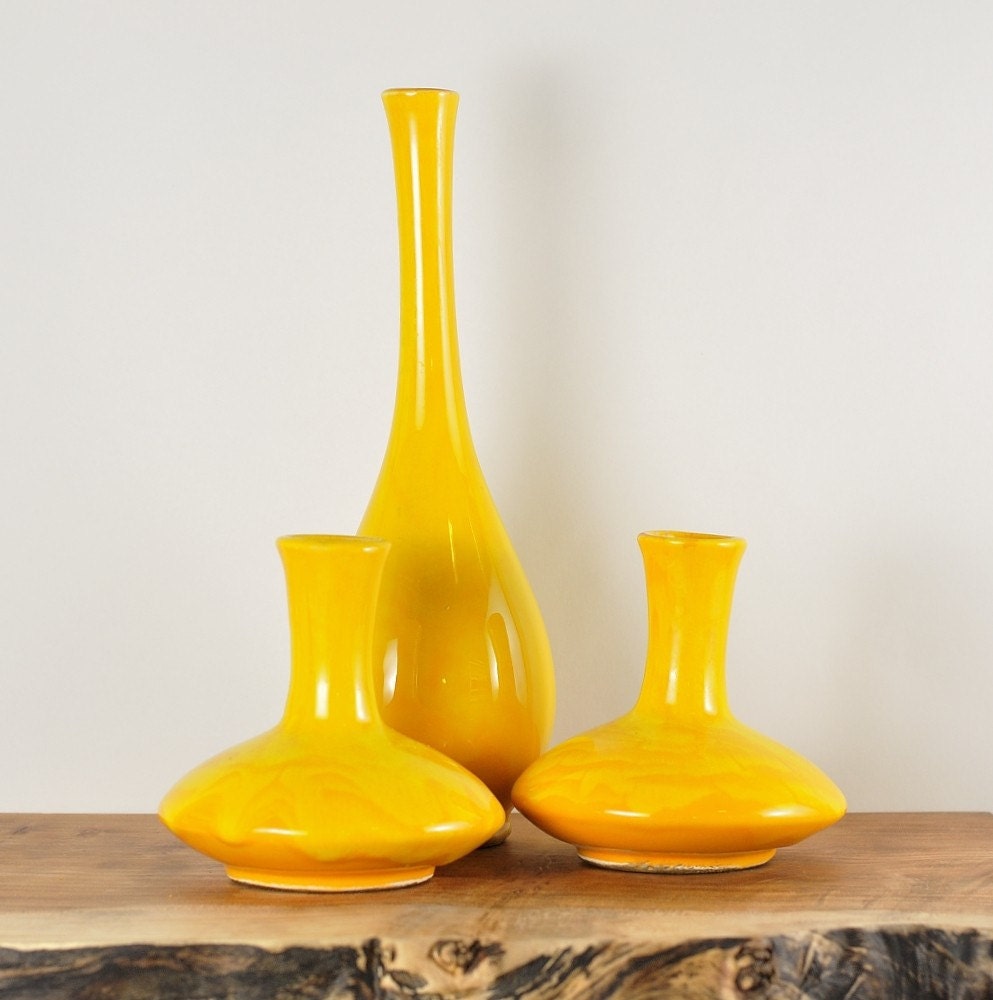 Set Of 3 Bright Yellow Vases Mid Century   Il Fullxfull.236599805 