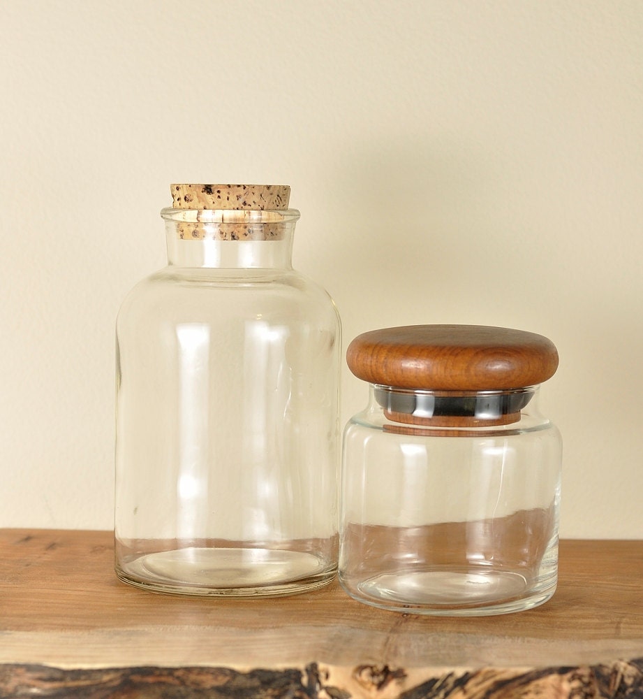 2 Glass Jars Cork and Teak Stopper