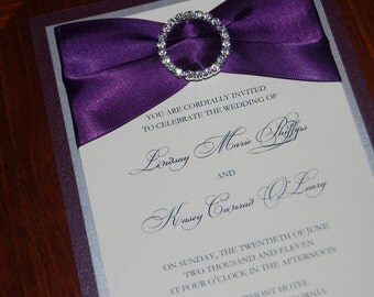 Eggplant wedding invitation - purple invitation - brooch invitation - elegant wedding invite - ribbon invitation - wedding invitation sample