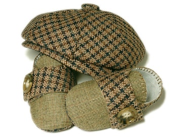 Baby Boy Newsboy Hat Set, Ring Bearer, Houndstooth and Linen. Newsboy, Sporty, Handmade Baby Boys Shoes and Hats.