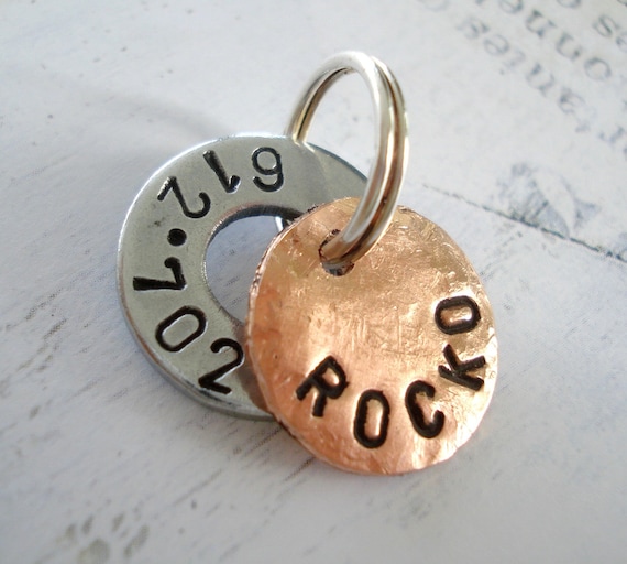 Small Dog Tag - Small Cat Tag - Hand Stamped Washer and Copper Disc with phone number and name