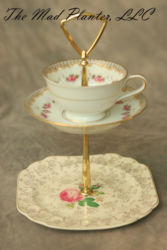 Items similar to Stunning three tiered tea stand with yellow and green