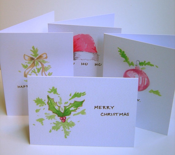 Christmas Cards Printed with Watercolor Designs Set of Four