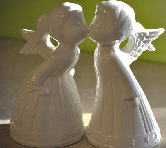 Pair of White Ceramic Kissing Angels