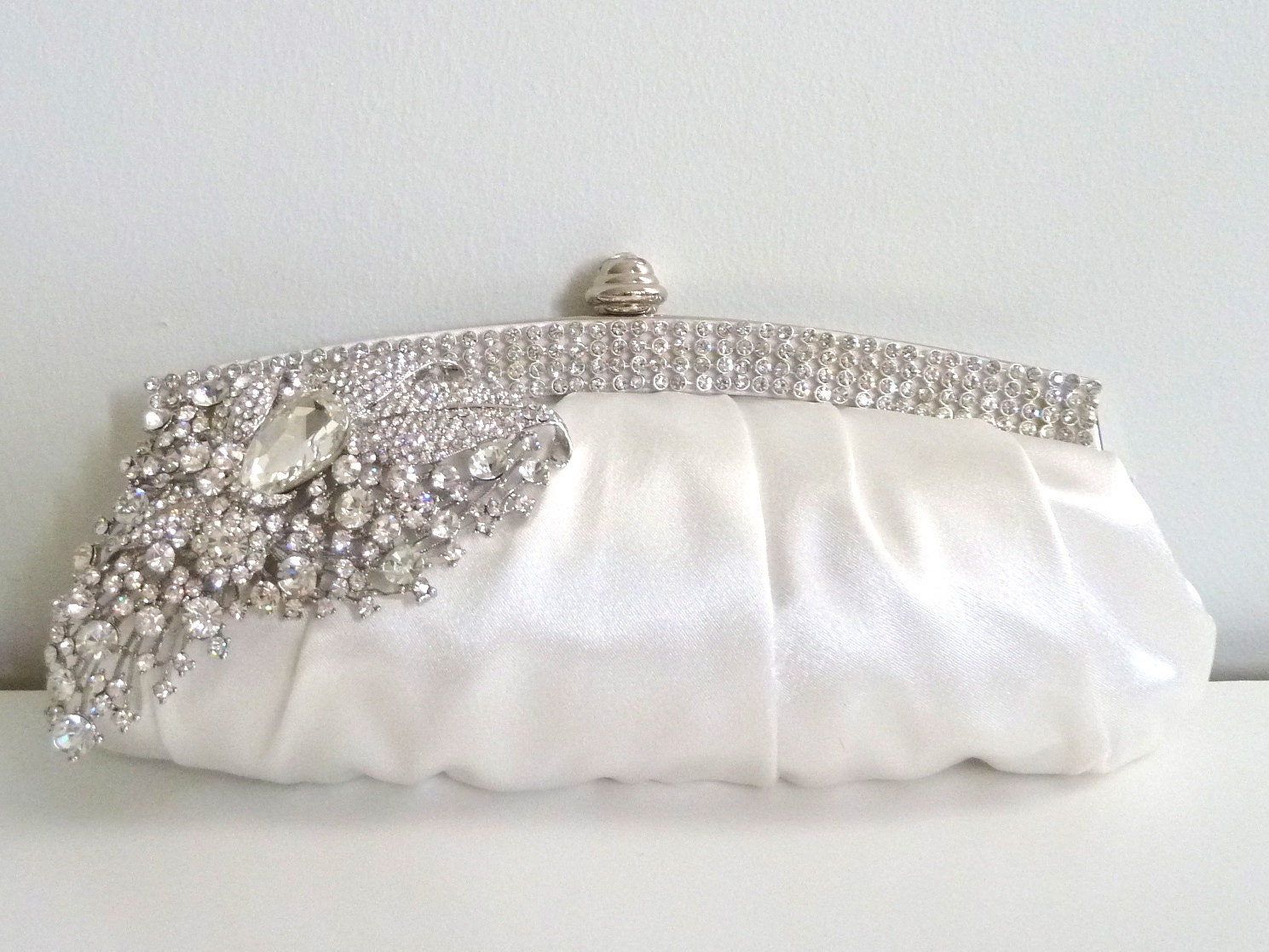 LAST ONE Ivory white satin evening bridal clutch purse with