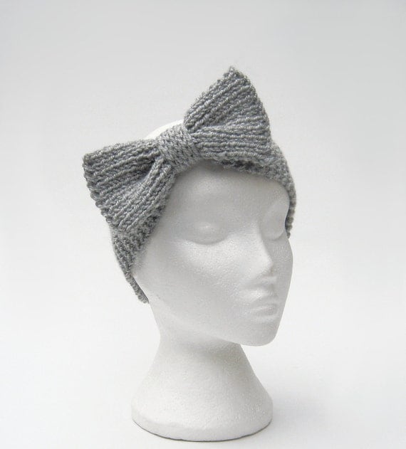 Knit bow headband chunky hairband ear warmers gray by jarg0n