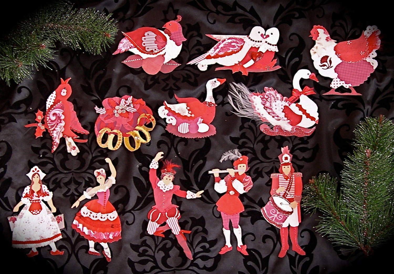 12 Days of Christmas Ornament Set Red and White