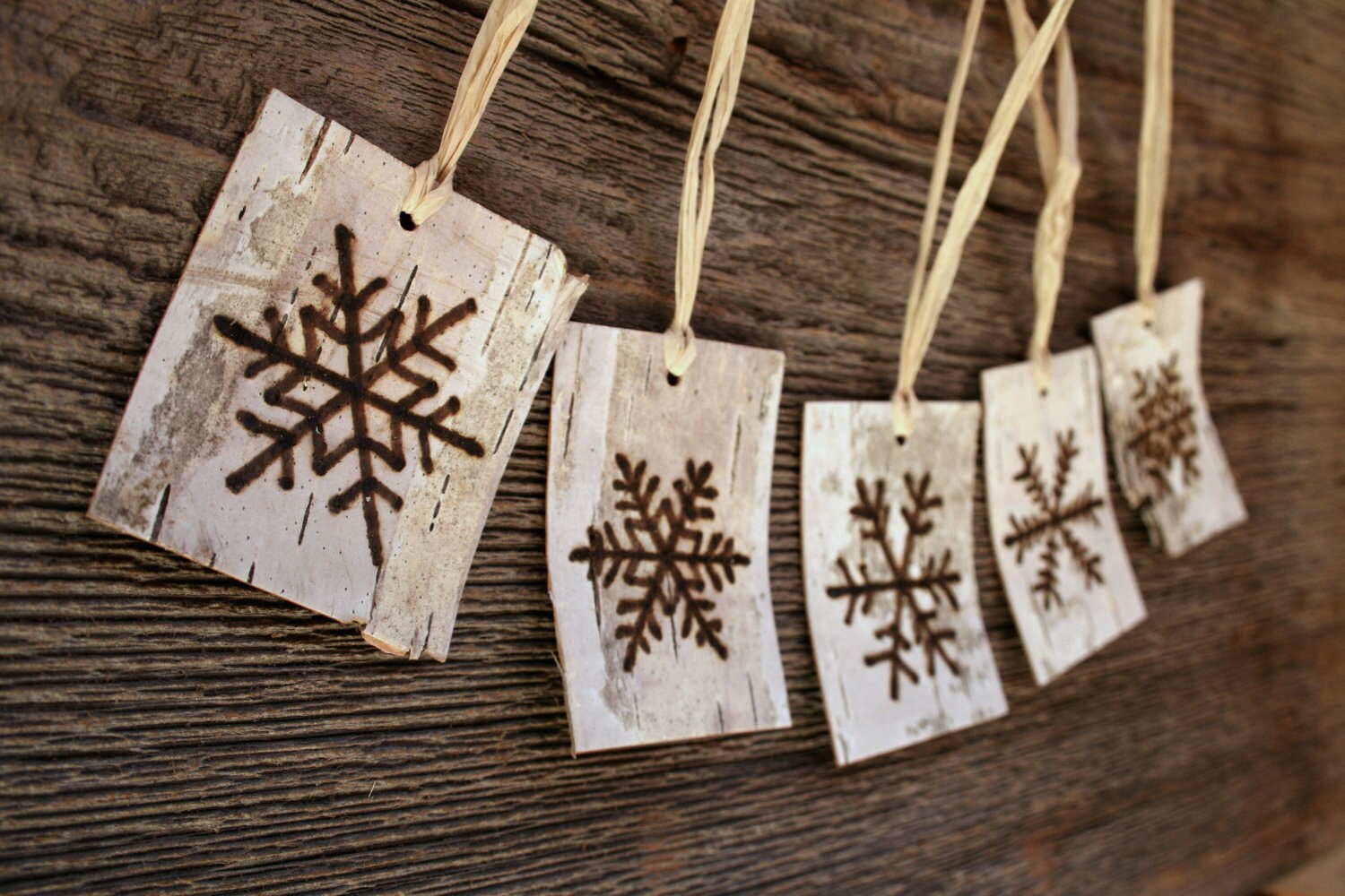 Gift Tags Rustic Birch Bark Snowflakes Set of 5