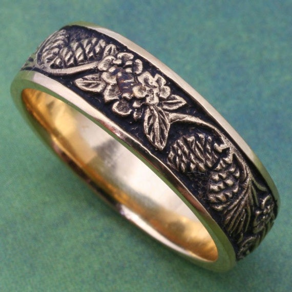 Wedding Band PINE CONES and ForgetMeNots Detailed carving