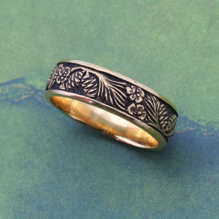 Wedding Band PINE CONES and ForgetMeNots Detailed by BandScapes