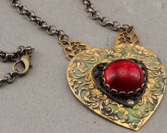 Heart Necklace in Brass and Czech Glass