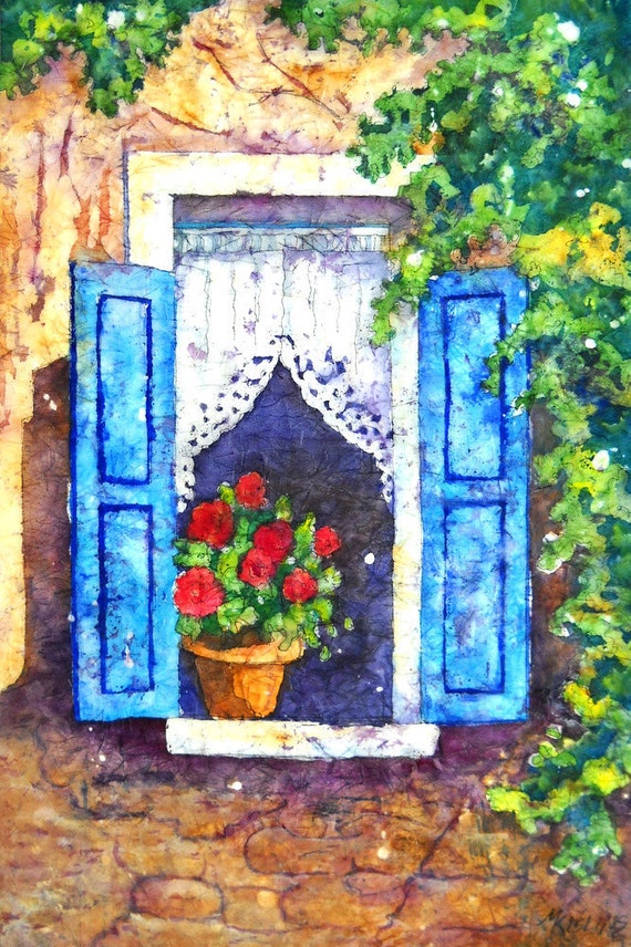 Batik Watercolor Old Window and Flowers by by MarthaKislingArt