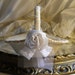 Burlap Bridal Flower Girl Basket handmade of bleached burlap, twine, ivory satin rosettes, white lace and tulle.