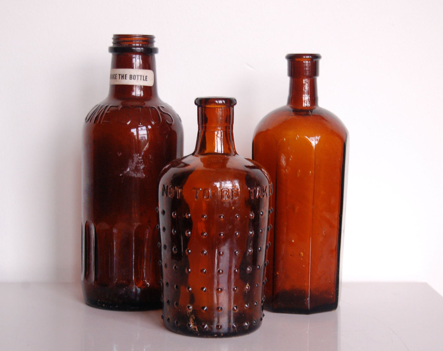 Amber Glass Bottles Vintage Brown Bottle Set of Three