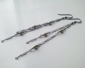 Oxidized Sterling Silver Chains with Sage Green Swarovski Crystal Pearl Earrings by Quintessential Arts