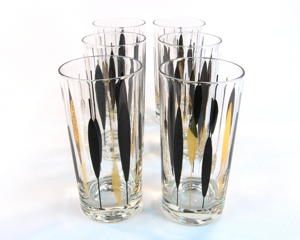 Vintage Atomic Tom Collins Glasses Set of Six Gold and Black