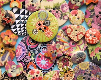 35 Painted Wooden Button Assortment Fabulous Grab Bag - BUT189