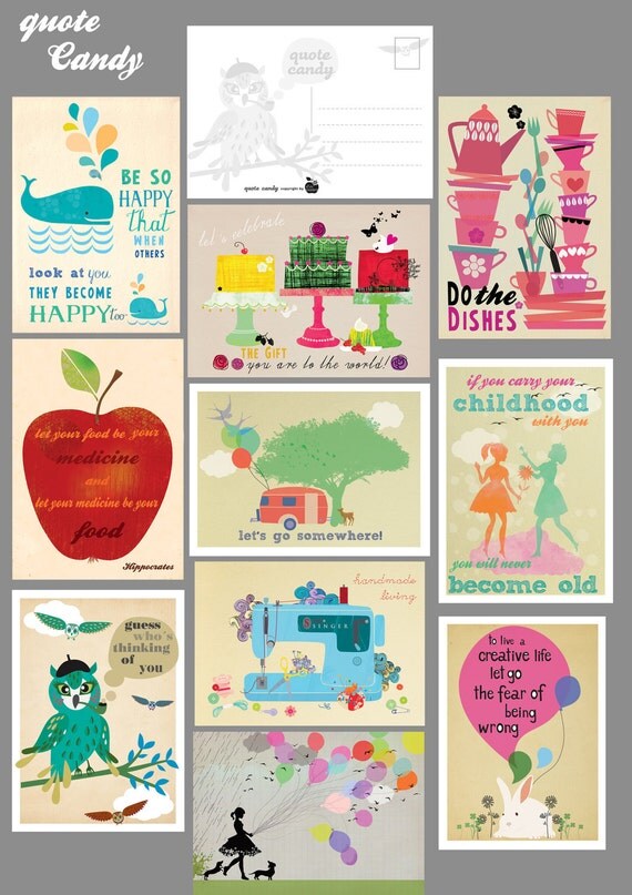 SPRING SALE- Quote Candy - a set of 20 lovely illustrated postcards ...