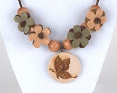 Green and Brown Suede Flower Necklace with Engraved Wooden Butterfly Pendant