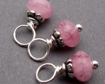 Wire Wrapped Bead Dangles, Wine Charms, Stitch Markers, Pink Swirl Czech Glass with Petite Bead Caps