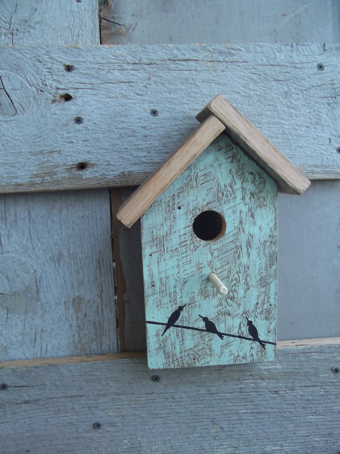 reclaimed barnwood BIRD HOUSE wall art/hanger in vintage green