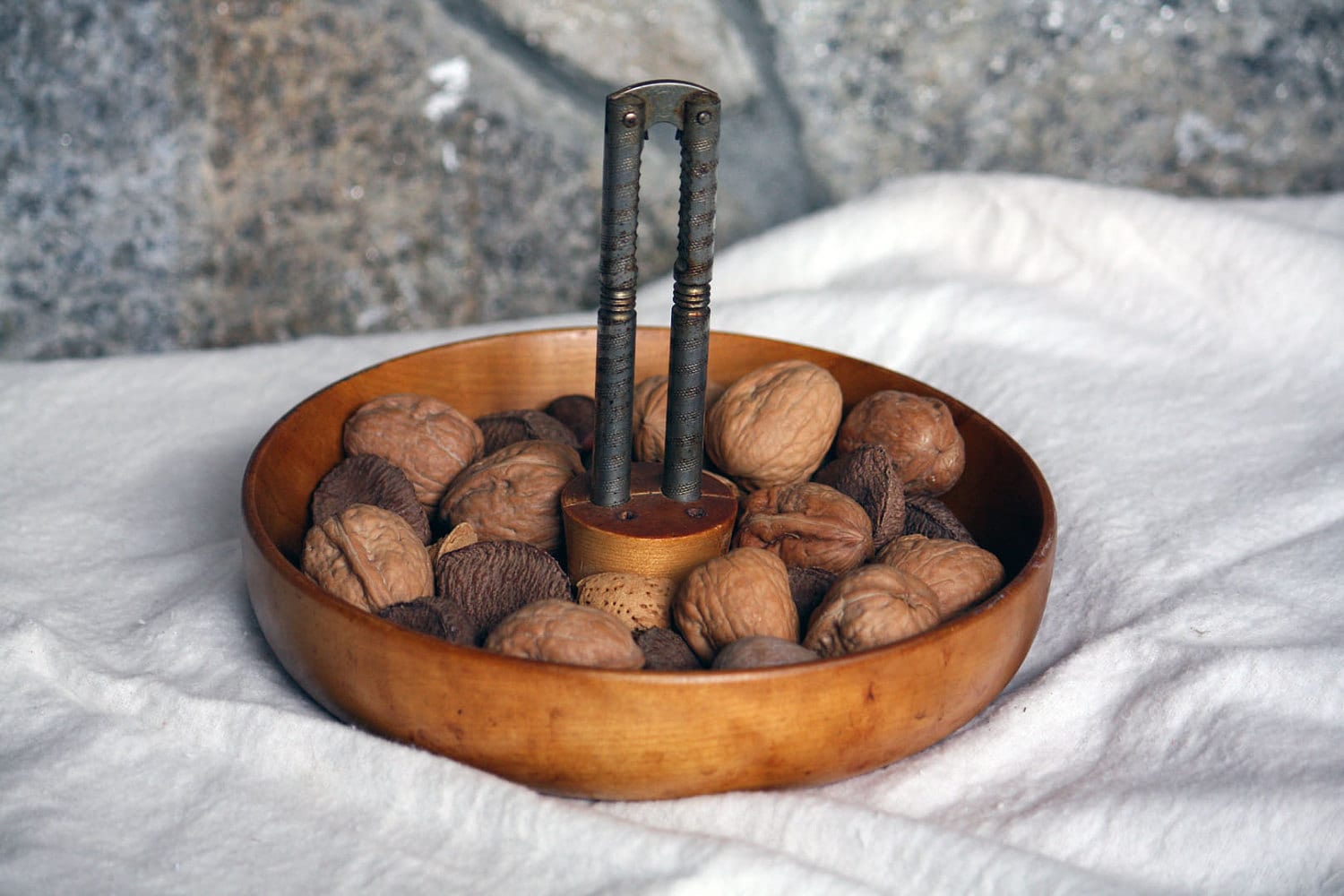 Vintage Wooden Nut Tray Bowl Dish with Nutcracker Wood