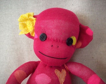 Sock monkey stuffed plush toy in pink with polka dots, sock monkey doll, stuffed toy monkey
