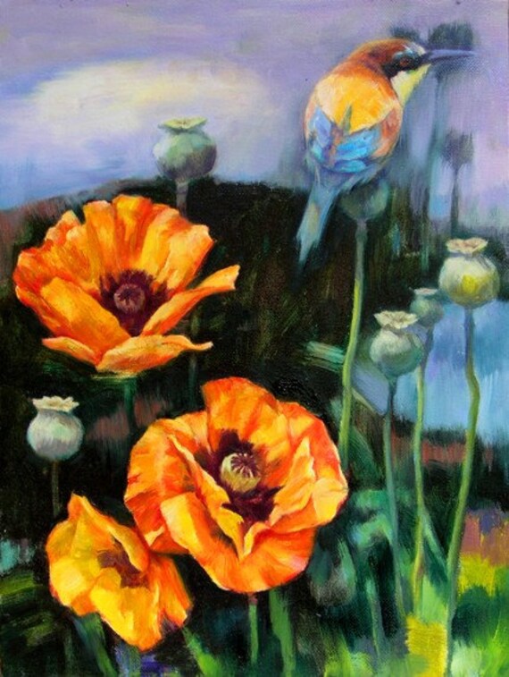 Bird and Flower 12x16 Oil Painting Holiday gift.