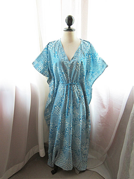 Maternity Maxi Kimono Kaftan Dress Fretwork Aztec Turquoise