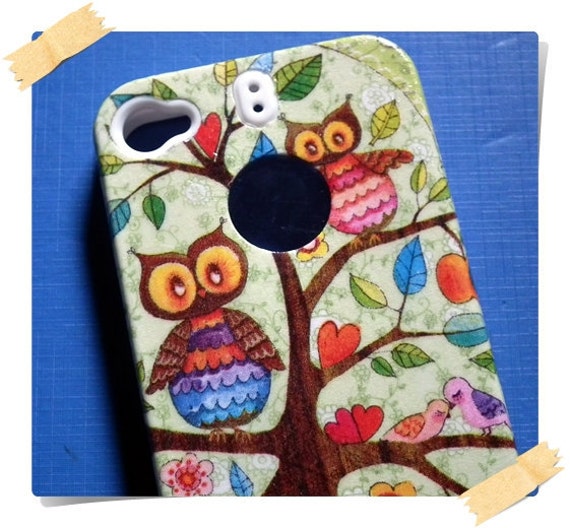 iPhone 4 Case Handmade Decoupage Owls Tree Green Shade by Panjarat