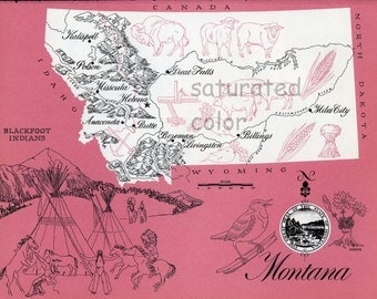 Montana Map Vintage - High Res DIGITAL IMAGE 1960s Picture Map - Fun Retro Color - image transfer for cards totes pillows souvenir print