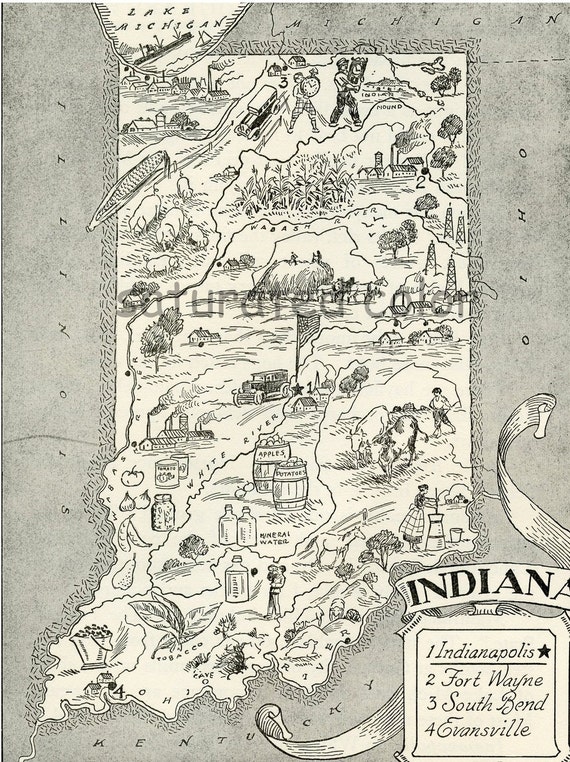 Indiana Map A Delightfully Amusing 1950s ORIGINAL Vintage