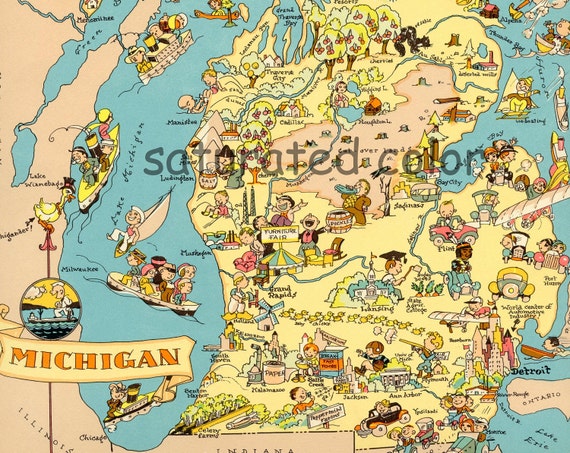 Michigan Map ORIGINAL 9 x 13 Vintage 1930s Antique Picture Map