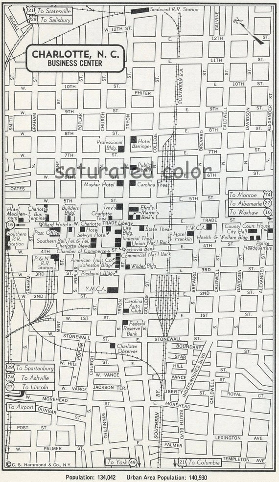 Charlotte North Carolina NC Map Vintage 1950s Original Heart