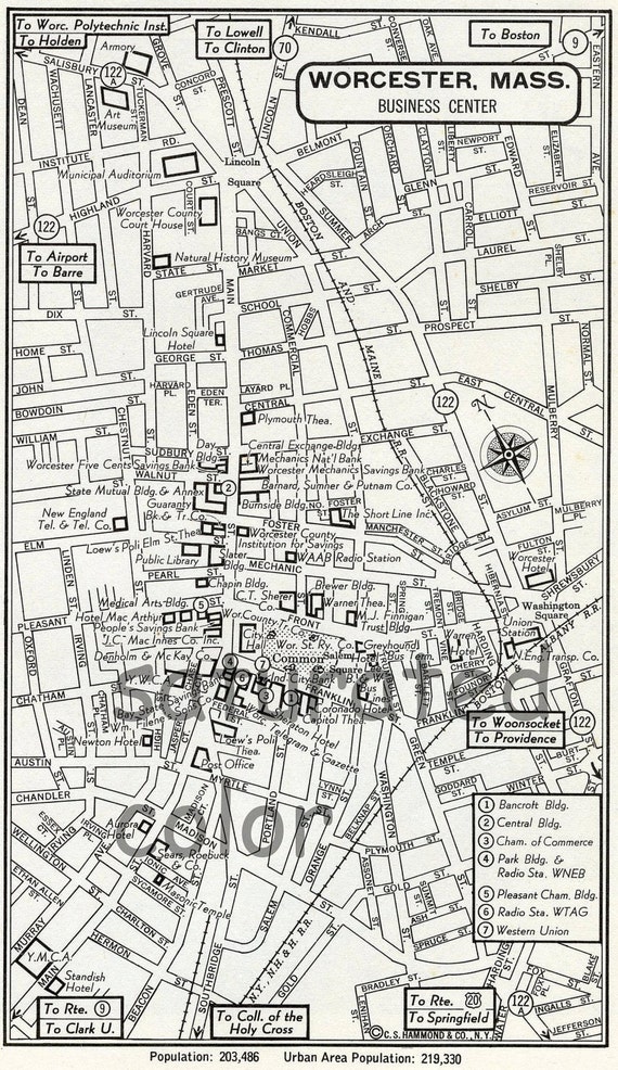 Worcester Massachusetts MA Map Vintage 1950s Original Heart