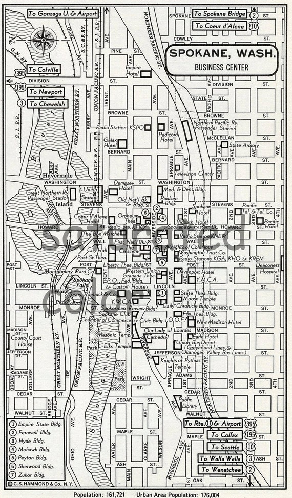 Spokane Washington WA Map Vintage 1950s by SaturatedColor on Etsy